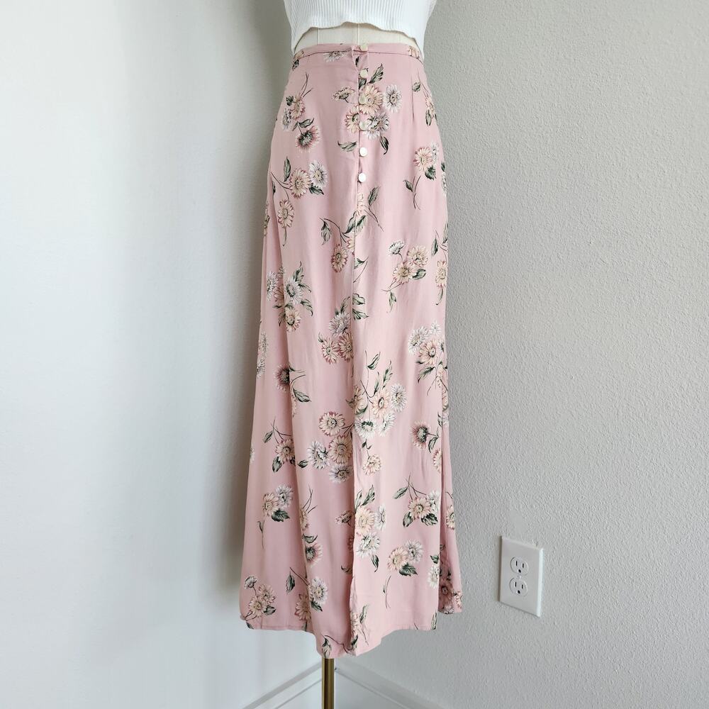 Vintage 90s Pink Floral High Rise Button Front Midi Skirt Cottage My Michelle XS